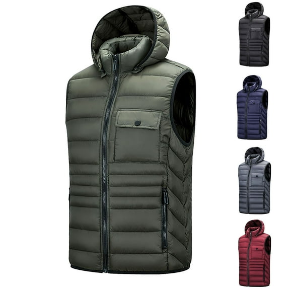 Ofreoo Men's Hooded Button With Pockets Stand Collar Zipper Top Sleeveless Padded Jacket Fishing Vests for Men Christmas Gift