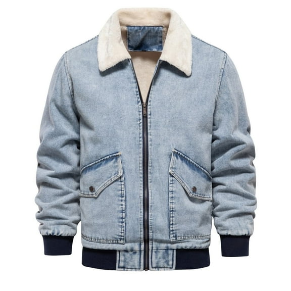 Ofreoo Men's Plush Denim Jacket Casual Washed Denim Top Thickened Jacket Long Sleeve Hoodless Casual Jacket Christmas Clearance