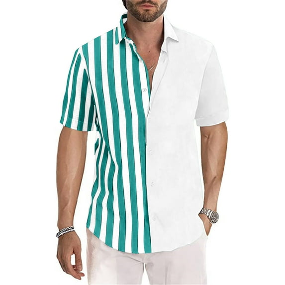 Ofreoo Men's Shirt Digital Non Positioning Striped Printed Short Sleeved Lapel Shirt Hawaiian Beach Regular Casual Shirt Top Blouse Men’s Classic Fit