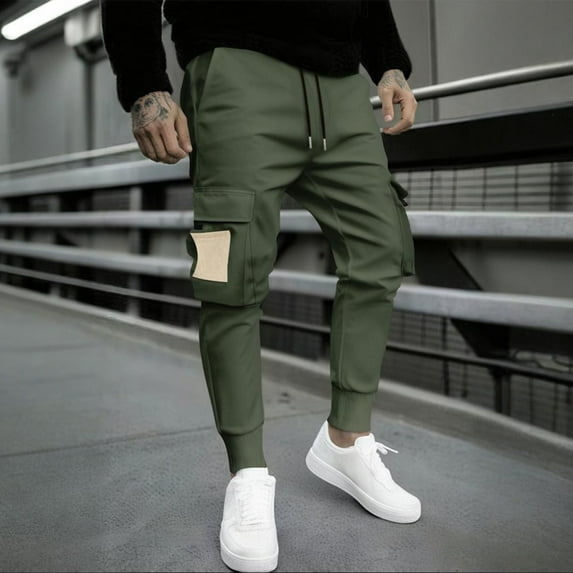 Ofreoo Men's Solid Color Casual Pants – Drawstring Waist, Zipper Pockets, Comfortable Fit Autumn Tops for Men Green L