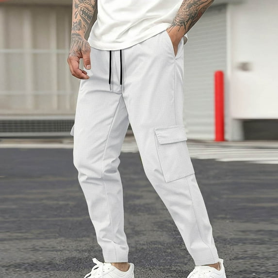 Ofreoo Men's Solid Color Pants – Workwear, Elastic Drawstring Waist Beach Vacation Clothes for Men White XXXL
