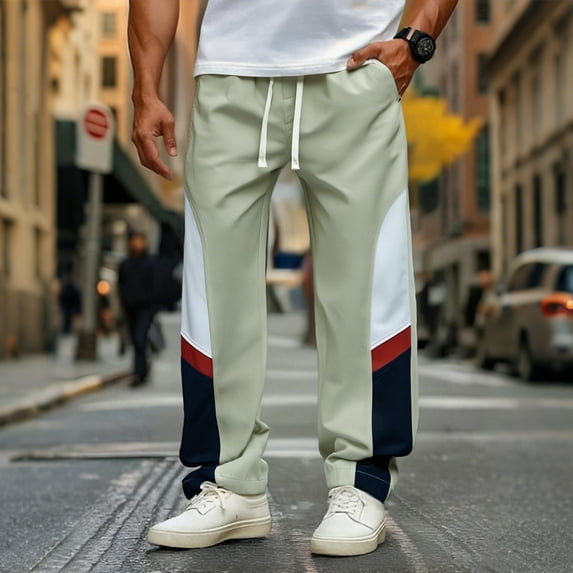 Ofreoo Men's Straight Leg Pants – Color Block, Drawstring Waist, Casual Deal of the Week Beige XXL