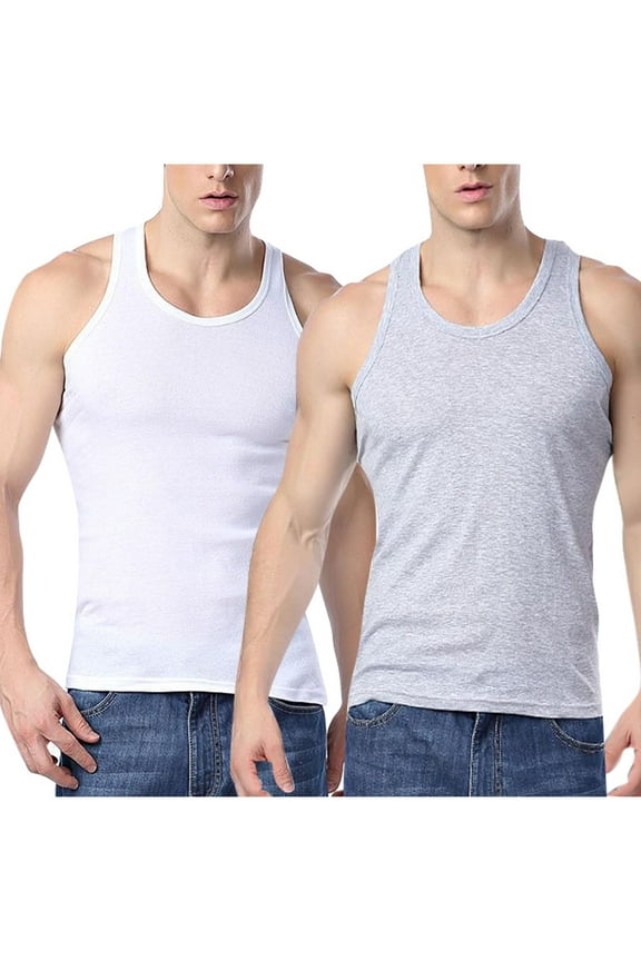 Men's and Big Men's 2 PC Round Neck Solid Color Tank Top Fitness Home Wear Sports T-shirt Deal of the Week