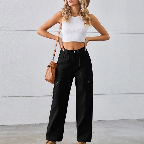 Ofreoo Spring and Summer New Women's Button Pocket Bandage Solid Fashion Full Length Jeans Big and Tall Slim Fit Pants on Clearance
