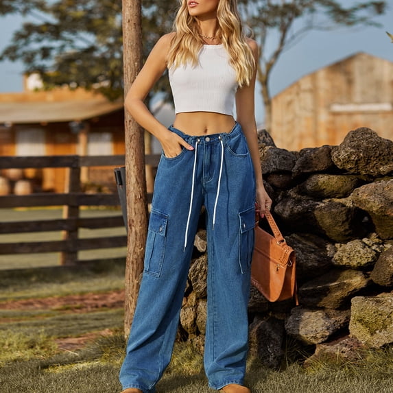 Ofreoo Spring and Summer New Women's Button Pocket Bandage Solid Fashion Full Length Jeans Big and Tall Slim Fit Pants on Clearance