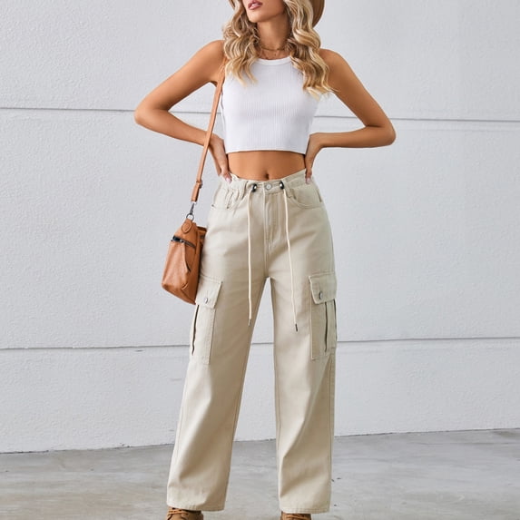 Ofreoo Spring and Summer New Women's Button Pocket Bandage Solid Fashion Full Length Jeans Big and Tall Slim Fit Pants on Clearance