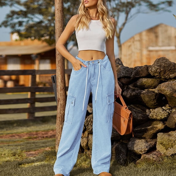 Ofreoo Spring and Summer New Women's Button Pocket Bandage Solid Fashion Full Length Jeans Big and Tall Slim Fit Pants on Clearance