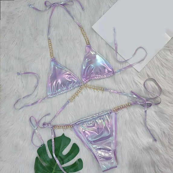 Ofreoo Swim Suits for Women Glitter Rhinestone Sequin Bathing Suits 2Pcs on Clearance