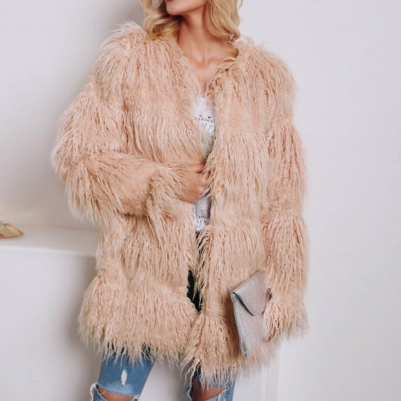 Ofreoo Winter Coats for Women Faux Fur Collar Classic Leopard Medium Long Jacket,Holiday,Wedding,Party on Clearance