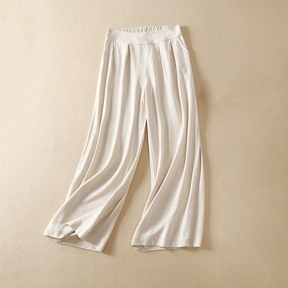 Ofreoo Women And Linen Casual Solid Color Elastic Waist Trousers Comfortable Pants Flowy Pants for Women Great Gifts for Less