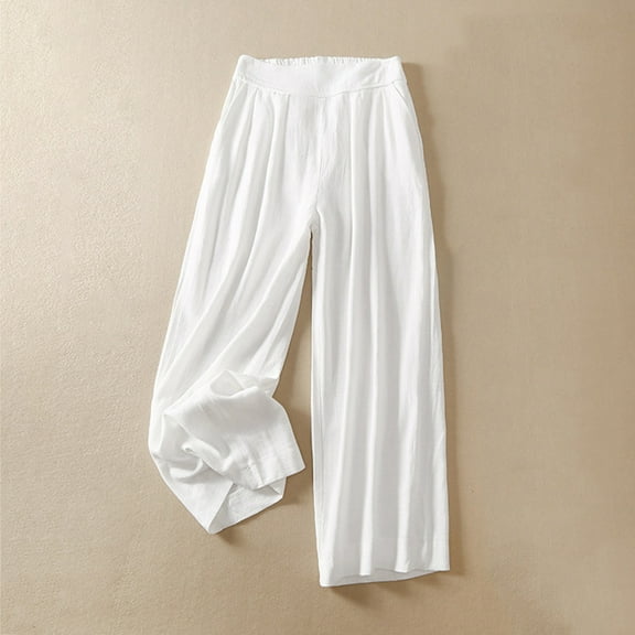 Ofreoo Women And Linen Casual Solid Color Elastic Waist Trousers Comfortable Pants Flowy Pants for Women Great Gifts for Less