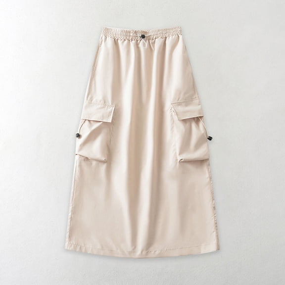 Ofreoo Women Solid Color Fashion Pocket Skirt Literature And Art Cotton AndElastic Waist Drawstring Frock Mid Length Skirt A-line Quick Drying Cargo Skirt Deal of the Week