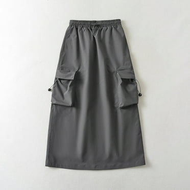 Ofreoo Women Solid Color Fashion Pocket Skirt Literature And Art Cotton AndElastic Waist Drawstring Frock Mid Length Skirt A-line Quick Drying Cargo Skirt Deal of the Week