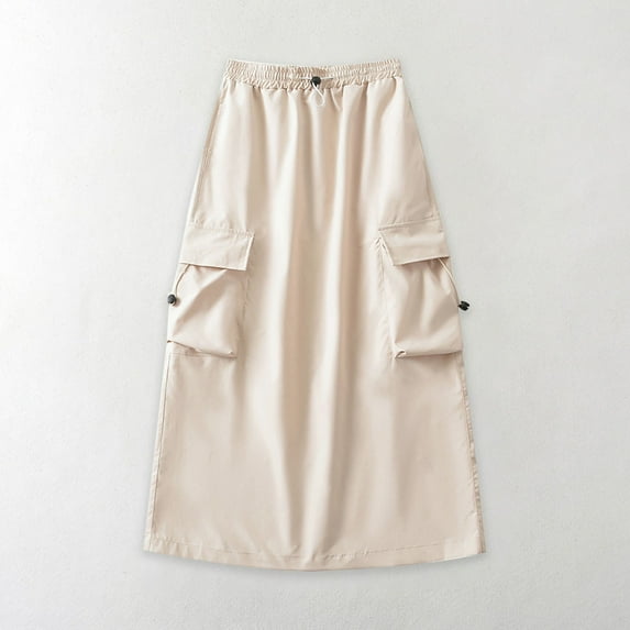 Ofreoo Women Solid Color Fashion Pocket Skirt Literature And Art Cotton AndElastic Waist Drawstring Frock Mid Length Skirt A-line Quick Drying Cargo Skirt Deal of the Week