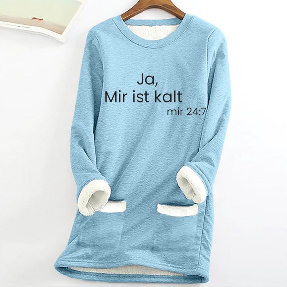 Ofreoo Women Thick Fleece Sweatshirt Long Sleeve Print Velvet Warm Round Neck Underwear Tops Fall Outfits for Women 2024 Great Gifts for Less