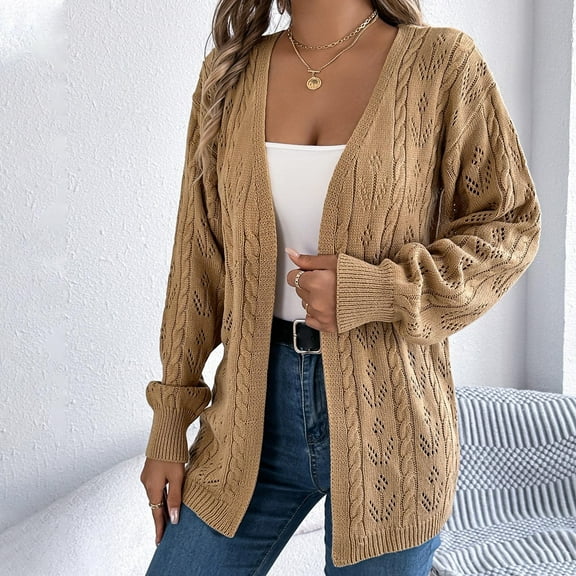 Ofreoo Women's Casual Solid Color Engraved Long Sleeved Sweater Cardigan Jacket Top Women's Quilted Lightweight Jackets Deal for Days Holiday Decor