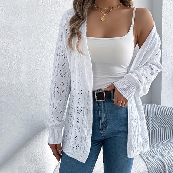 Ofreoo Women's Casual Solid Color Engraved Long Sleeved Sweater Cardigan Jacket Top Women's Quilted Lightweight Jackets Deal for Days Holiday Decor