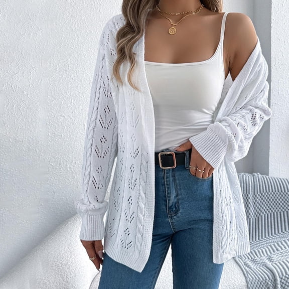 Ofreoo Women's Casual Solid Color Engraved Long Sleeved Sweater Cardigan Jacket Top Women's Quilted Lightweight Jackets Deal for Days Holiday Decor