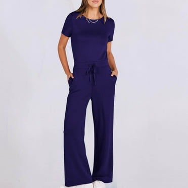 Ofreoo Women's Casual Solid Color Round Neck Pocket Short SleeveJumpsuits Flowy Pants for Women Summer Clearance