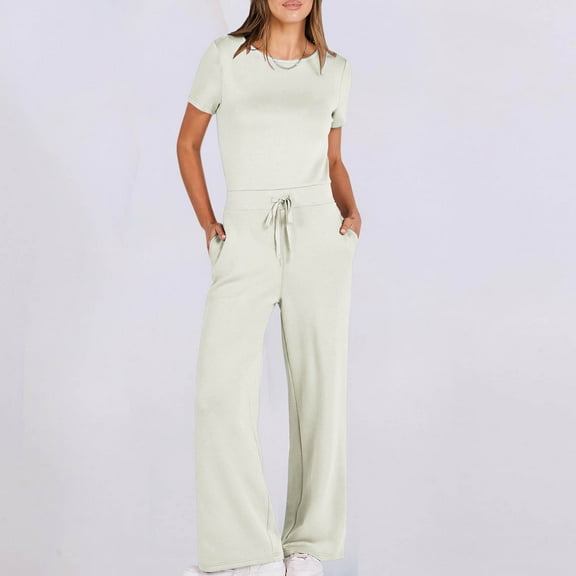 Ofreoo Women's Casual Solid Color Round Neck Pocket Short SleeveJumpsuits Flowy Pants for Women Summer Clearance