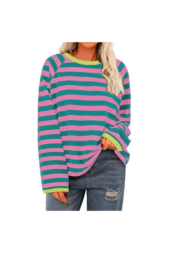 Women's Fashion Long Sleeved Top Striped Knitted T-shirt Loose Fitting T-Shirt Free People Dupe Deal of the Week
