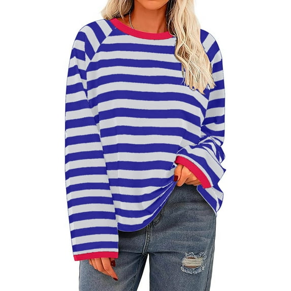 Ofreoo Women's Fashion Long Sleeved Top Striped Knitted T-shirt Loose Fitting T-Shirt Free People Dupe Deal of the Week