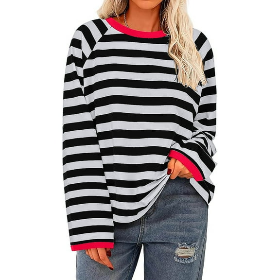 Ofreoo Women's Fashion Long Sleeved Top Striped Knitted T-shirt Loose Fitting T-Shirt Free People Dupe Deal of the Week