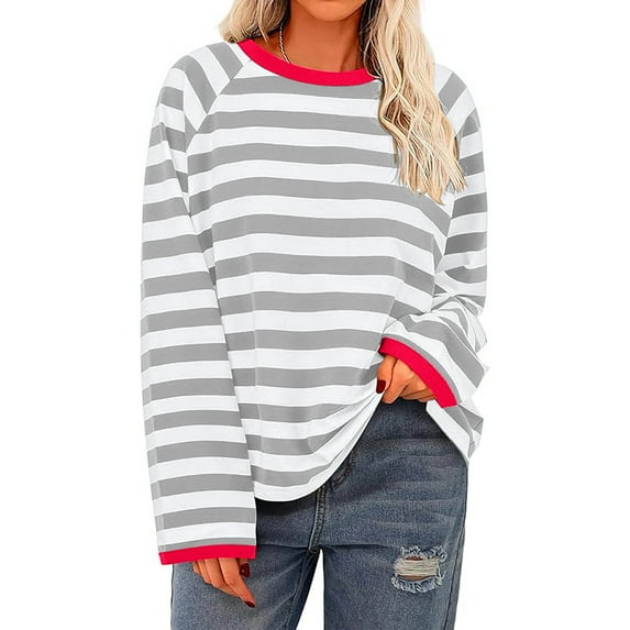 Ofreoo Women's Fashion Long Sleeved Top Striped Knitted T-shirt Loose Fitting T-Shirt Free People Dupe Deal of the Week