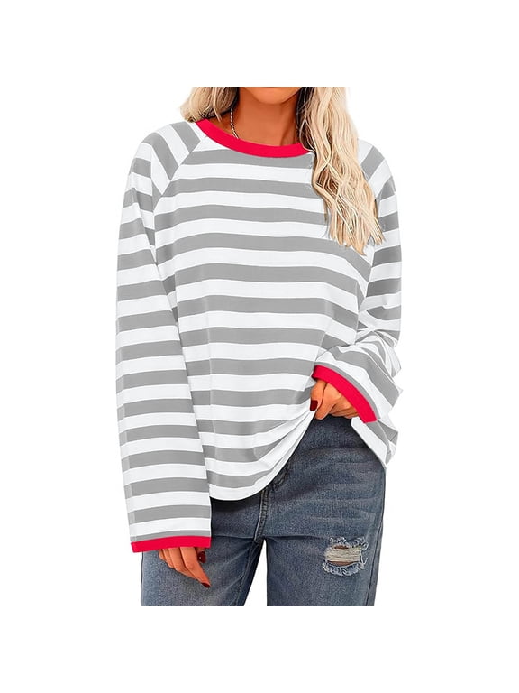 Women's Fashion Long Sleeved Top Striped Knitted T-shirt Loose Fitting T-Shirt Free People Dupe Deal of the Week