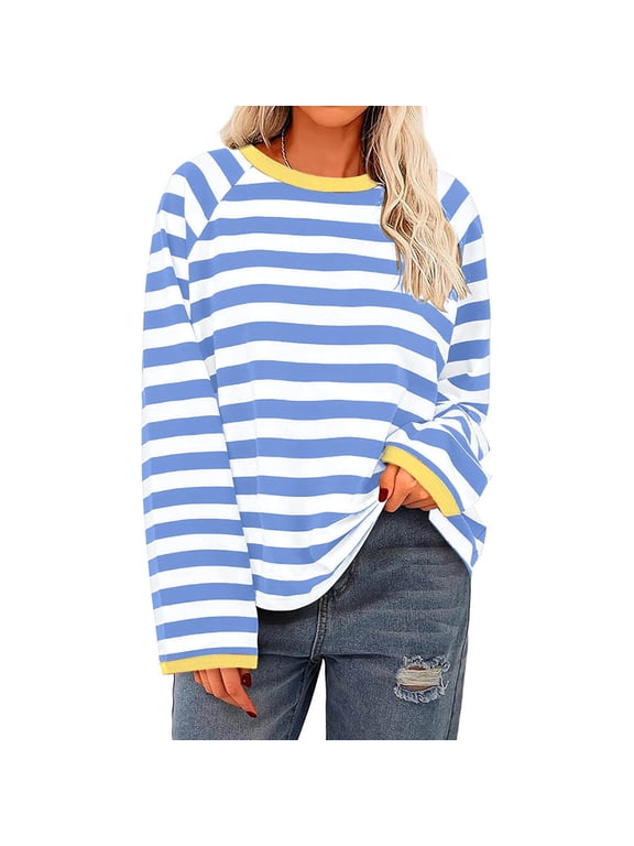 Women's Fashion Long Sleeved Top Striped Knitted T-shirt Loose Fitting T-Shirt Free People Dupe Deal of the Week