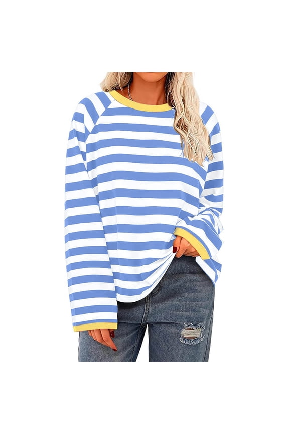 Women's Fashion Long Sleeved Top Striped Knitted T-shirt Loose Fitting T-Shirt Free People Dupe Deal of the Week