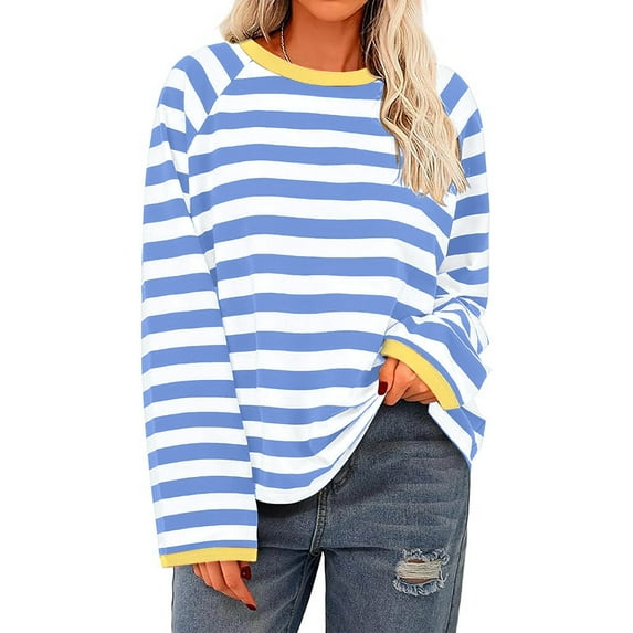 Ofreoo Women's Fashion Long Sleeved Top Striped Knitted T-shirt Loose Fitting T-Shirt Free People Dupe Deal of the Week