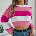 thumbnail image 1 of Ofreoo Women's Fashion New Winter Casual Round Neck Color Matching Striped Long Sleeve Lantern Sleeve Pullover Navel-Exposed Sweater, 1 of 9