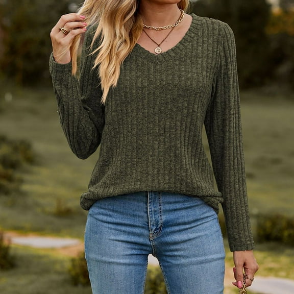 Ofreoo Women's Fashion V-Neck Stripe Brushed Button Spliced Long Sleeve T-shirt Business Casual Outfits for Women Gift for Girls