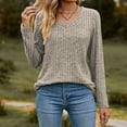 thumbnail image 1 of Ofreoo Women's Fashion V-Neck Stripe Brushed Button Spliced Long Sleeve T-shirt Business Casual Outfits for Women Gift for Girls, 1 of 4