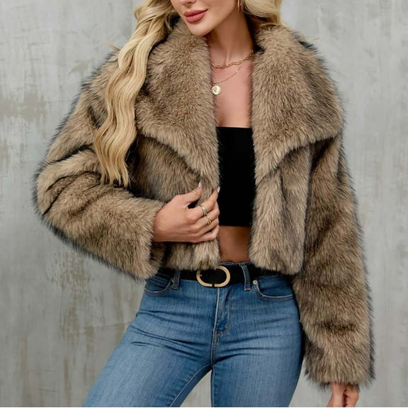 Ofreoo Women’s Faux Fur Coat with Turn-Down Collar Warm Winter Outerwear Autumn Tops for Women Khaki XXXL