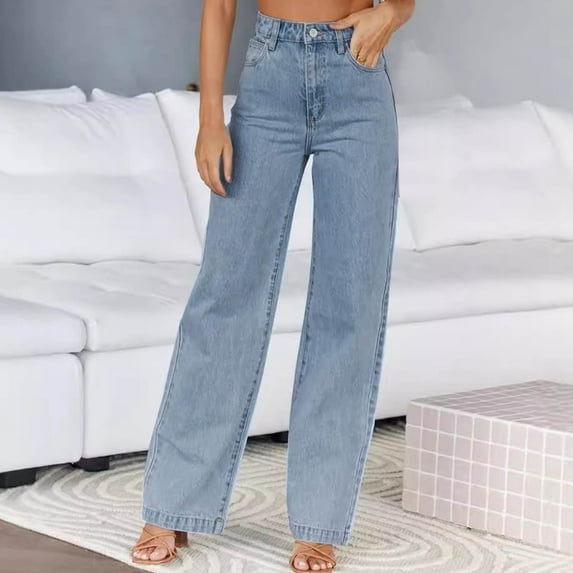 Ofreoo Women's High-Waisted Fashionable Elastic Straight-Leg Pocket Full Length Pants Big and Tall Slim Fit Jeans Deal of the Week