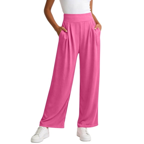 Ofreoo Women's High Waisted Wide-Leg Pants - Soft Breathable Solid Casual Trousers with Side Pockets, Available in Multiple Colors