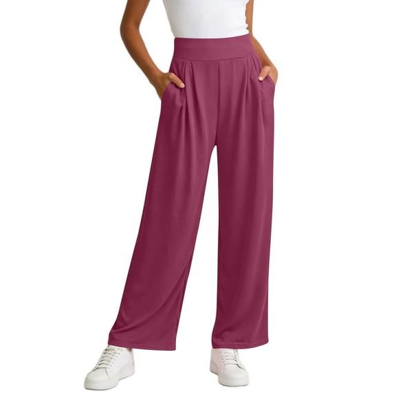 Ofreoo Women's High Waisted Wide-Leg Pants - Soft Breathable Solid Casual Trousers with Side Pockets, Available in Multiple Colors