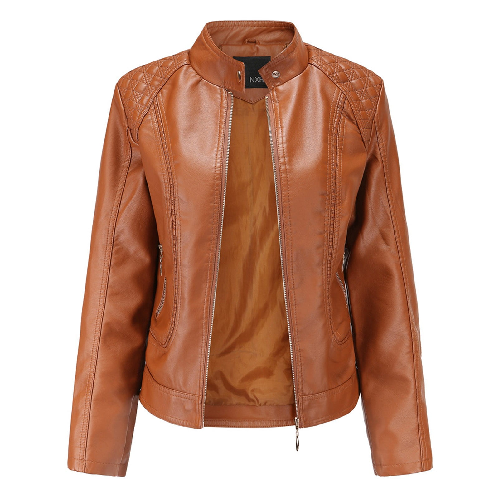 Ofreoo Women's Leather Standing Collar Slim Fitting Zipper Motorcycle Jacket Leather Jacket Fall Clothes for Women 2024 Deal for Days Holiday Decor
