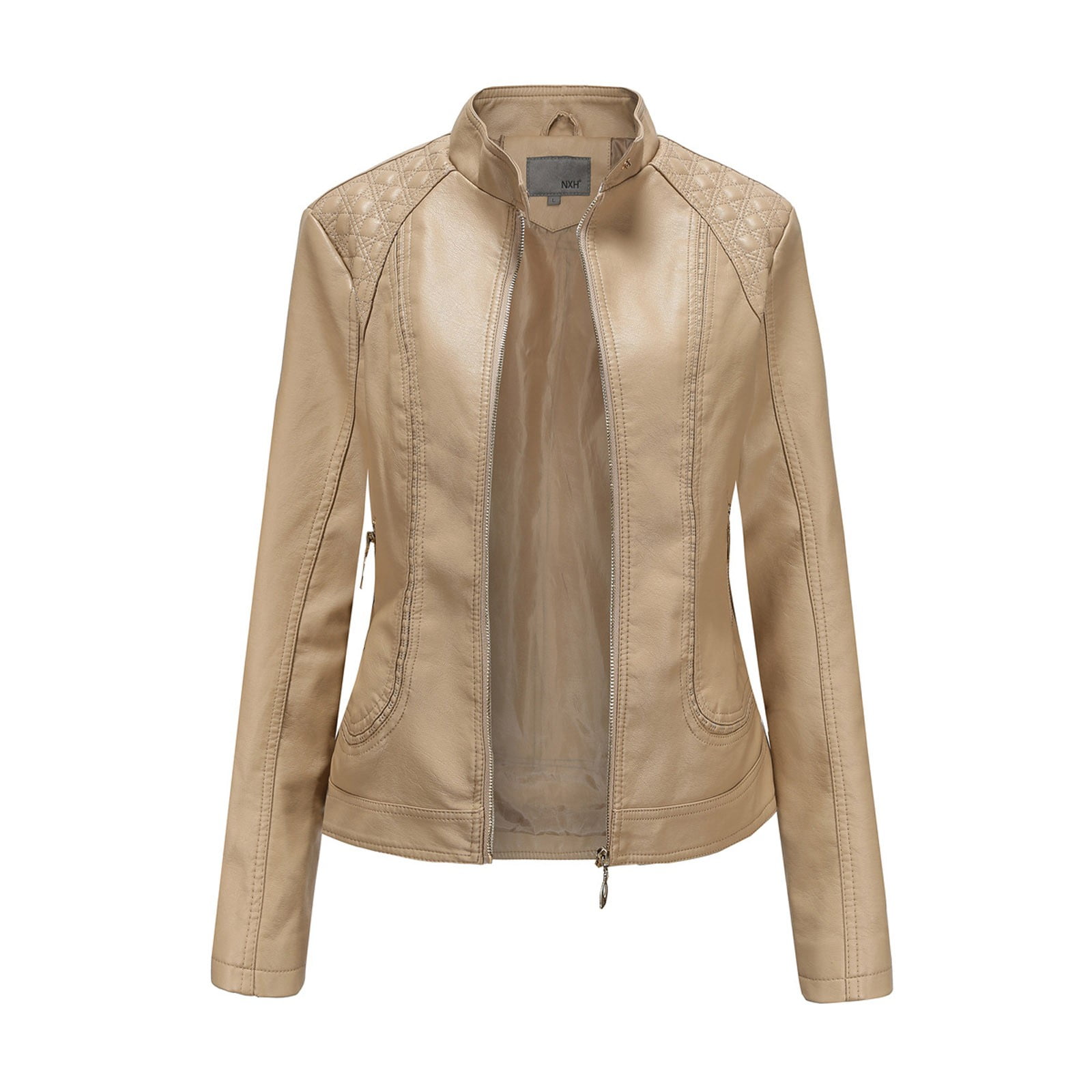Ofreoo Women's Leather Standing Collar Slim Fitting Zipper Motorcycle Jacket Leather Jacket Fall Clothes for Women 2024 Deal for Days Holiday Decor