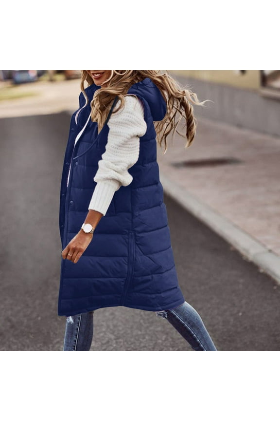 Women's Long Down Vest Full-Zip Sleeveless Puffer Vest Fashionable Coats Jacket with Removable Hood