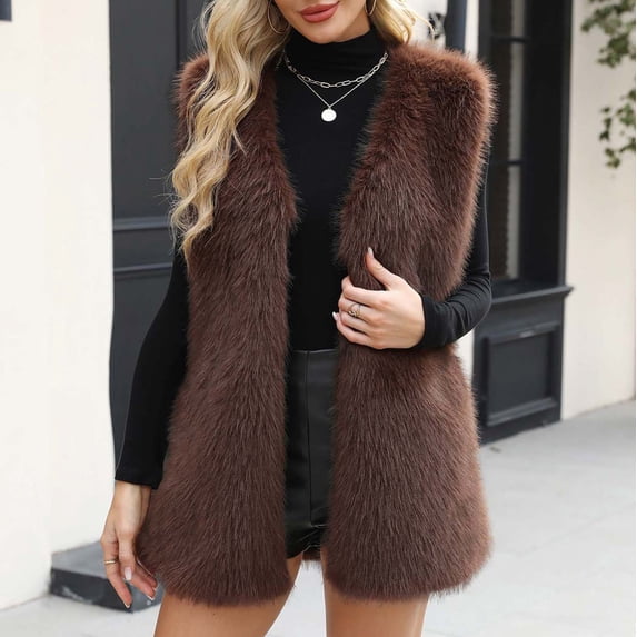 Ofreoo Women’s Long Faux Fur Coat - Warm V-Neck Winter Jacket