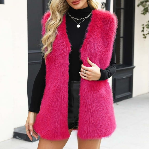 Ofreoo Women’s Long Faux Fur Coat Warm V-neck Winter Outerwear Family Gifts Hot Pink L