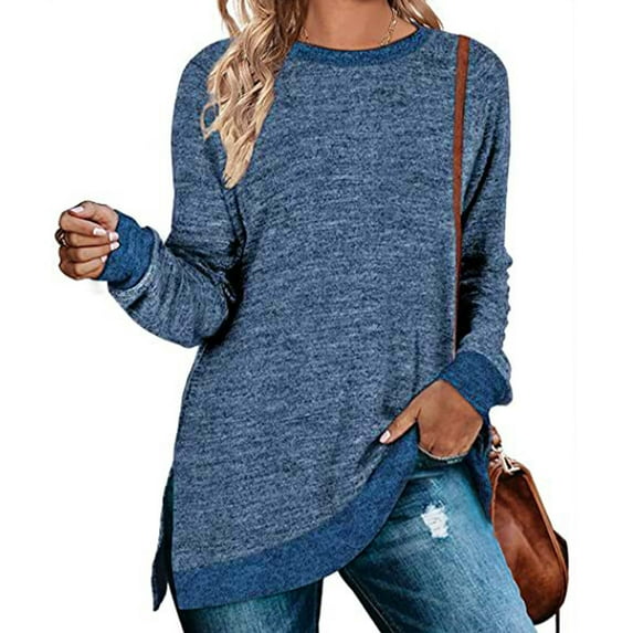 Ofreoo Women's Long Sleeve Sweatshirts Color Block Fall Crewneck Sweaters Tunic Tops Loose Fit Side Slit Blouse Blue