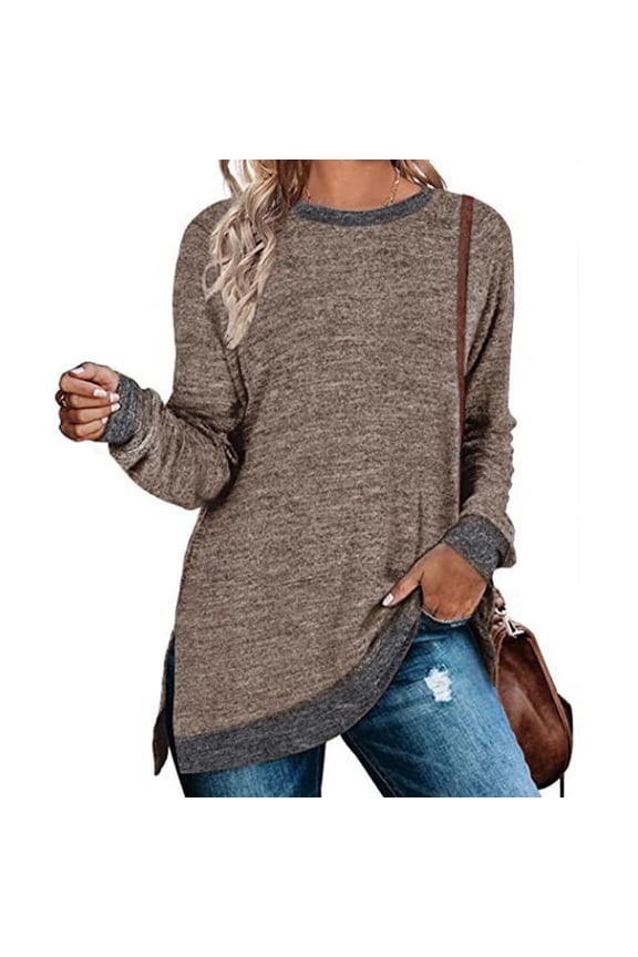Women's Long Sleeve Sweatshirts Color Block Fall Crewneck Sweaters Tunic Tops Loose Fit Side Slit Blouse Brown