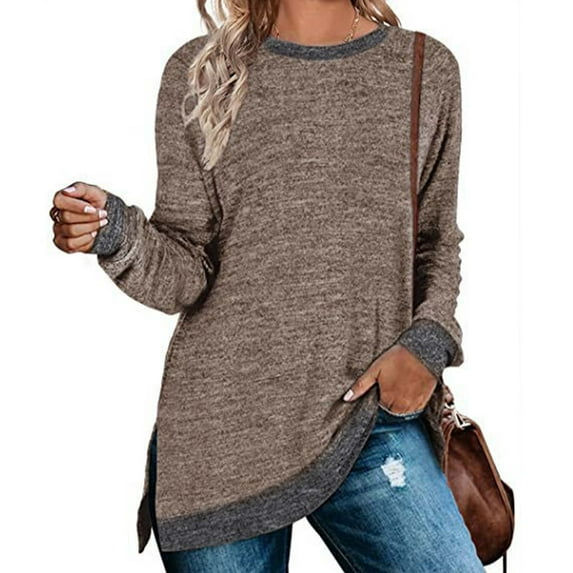 Ofreoo Women's Long Sleeve Sweatshirts Color Block Fall Crewneck Sweaters Tunic Tops Loose Fit Side Slit Blouse Brown