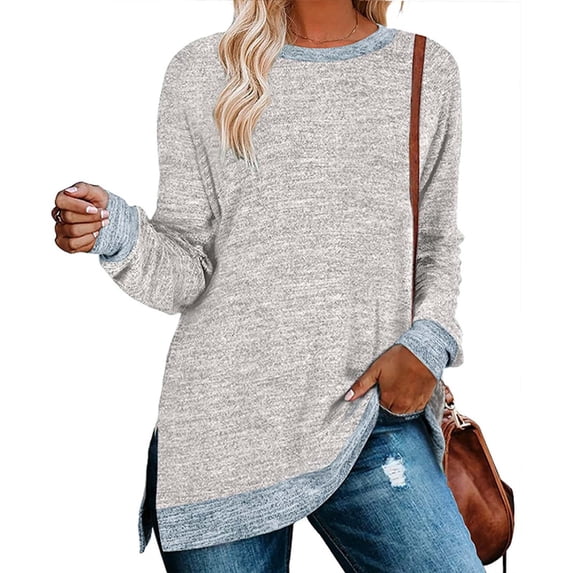 Baeitkot Women's Long Sleeve Sweatshirts Color Block Fall Crewneck Sweaters Tunic Tops Loose Fit Side Slit Blouse Gray