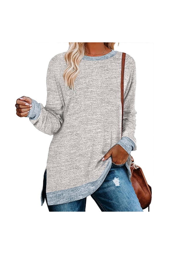Women's Long Sleeve Sweatshirts Color Block Fall Crewneck Sweaters Tunic Tops Loose Fit Side Slit Blouse Gray