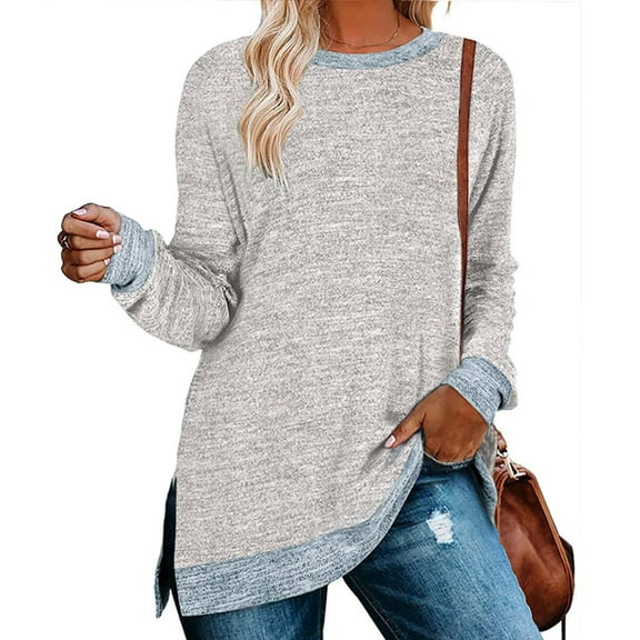 Ofreoo Women's Long Sleeve Sweatshirts Color Block Fall Crewneck Sweaters Tunic Tops Loose Fit Side Slit Blouse Gray